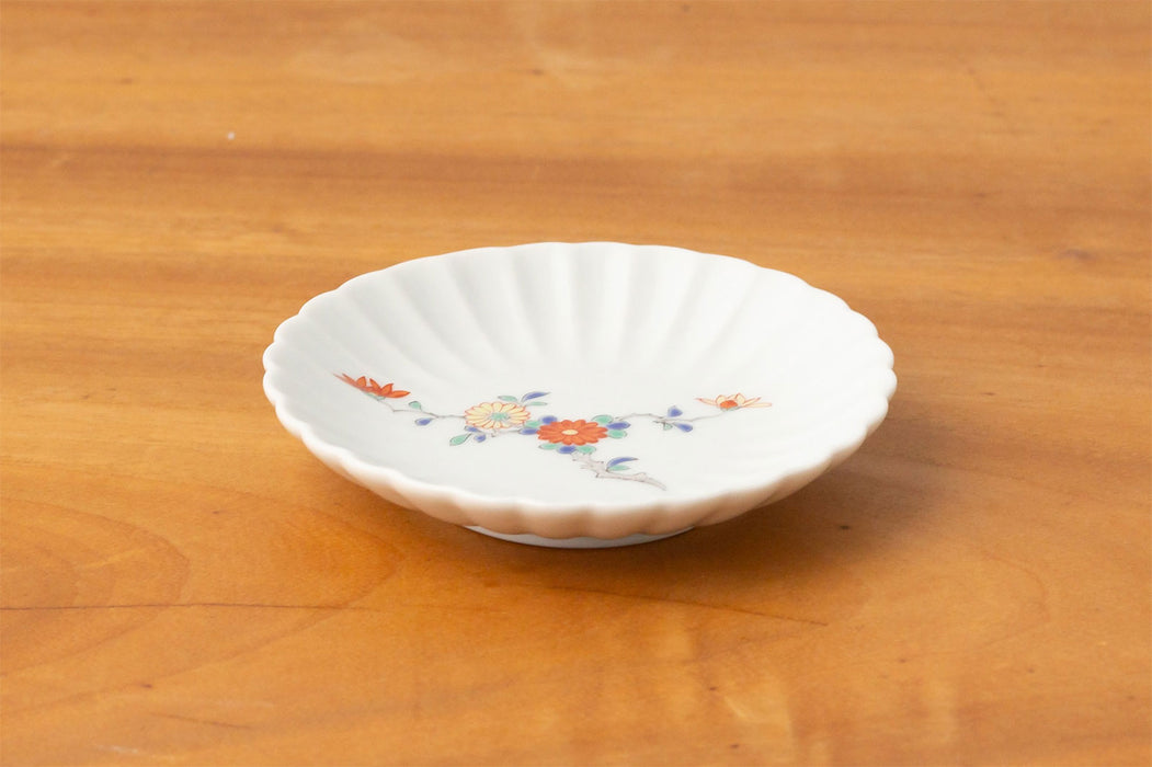 有田焼　賞美堂　其泉窯　染錦　君子文　高台小鉢揃　５枚　菊割鉢　金彩色絵　輪花鉢 有田焼 賞美堂 其泉窯 染錦 君子文 高台小鉢揃 5枚 菊割