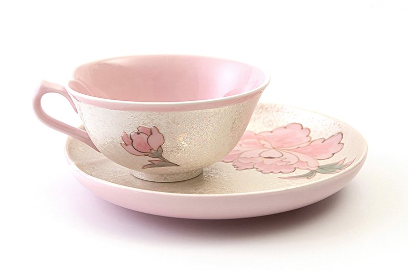 虹彩手描き牡丹 【紅茶碗皿】(ピンク)